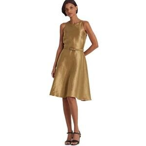 Lauren Ralph Lauren | Metallic Twill Belted Cocktail Dress Knee Length Gold 2